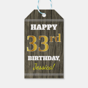 Faux Wood, Faux Gold 33rd Birthday + Eigen naam Cadeaulabel