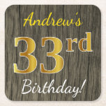 Faux Wood, Faux Gold 33rd Birthday   Eigen naam Kartonnen Onderzetters<br><div class="desc">Dit eenvoudige papieren onderzetter ontwerp heeft een boodschap als "Andrew’s 33rd Birthday!", met de "33rd" met een faux / imitatie goudachtige kleur uiterlijk, op een achtergrond met een rustiek faux hout look patroon. De naam kan worden aangepast. Gepersonaliseerde papieren onderzetters zoals deze kunnen misschien gebruikt worden op een verjaardagsfeestje voor...</div>