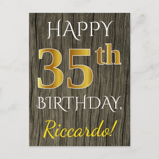 Faux Wood, Faux Gold 35th Birthday + Eigen naam Briefkaart (Voorkant)