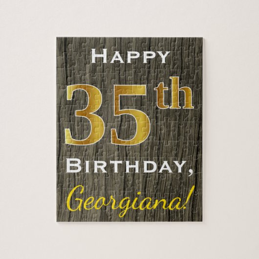 Faux Wood, Faux Gold 35th Birthday + Eigen naam Legpuzzel (Verticaal)