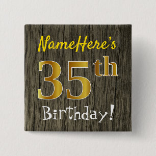 Faux Wood, Faux Gold 35th Birthday + Eigen naam Vierkante Button 5,1 Cm