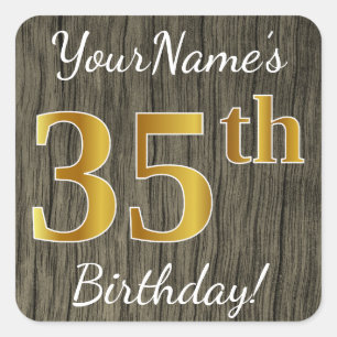 Faux Wood, Faux Gold 35th Birthday + Eigen naam Vierkante Sticker