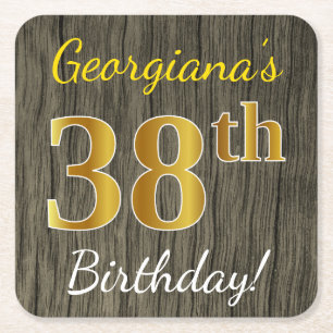 Faux Wood, Faux Gold 38th Birthday + Eigen naam Kartonnen Onderzetters