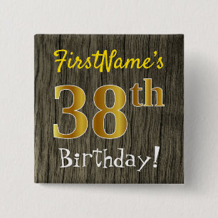 Faux Wood, Faux Gold 38th Birthday + Eigen naam Vierkante Button 5,1 Cm