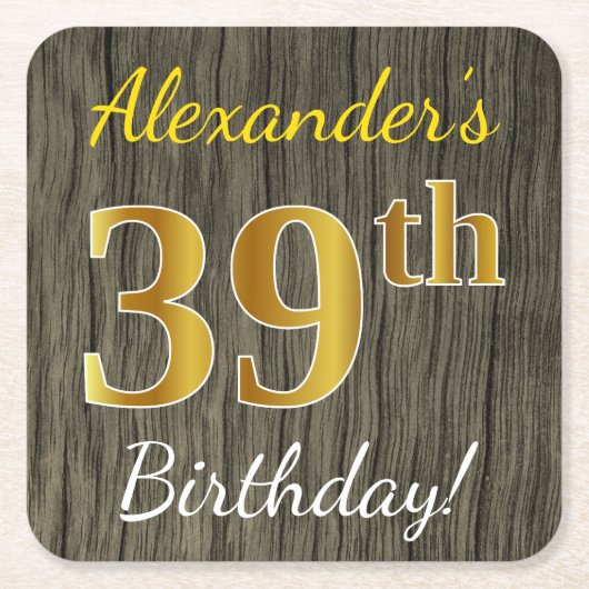 Faux Wood, Faux Gold 39th Birthday + Eigen naam Kartonnen Onderzetters (Voorkant)