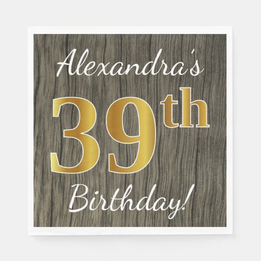Faux Wood, Faux Gold 39th Birthday + Eigen naam Servet (Voorkant)