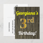 Faux Wood, Faux Gold 3rd Birthday & Custom Name Briefkaart (Voorkant / Achterkant)