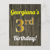 Faux Wood, Faux Gold 3rd Birthday & Custom Name Briefkaart (Voorkant)