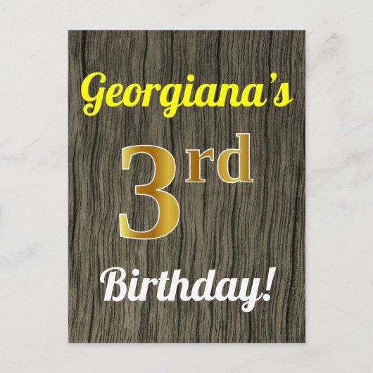 Faux Wood, Faux Gold 3rd Birthday & Custom Name Briefkaart (Voorkant)