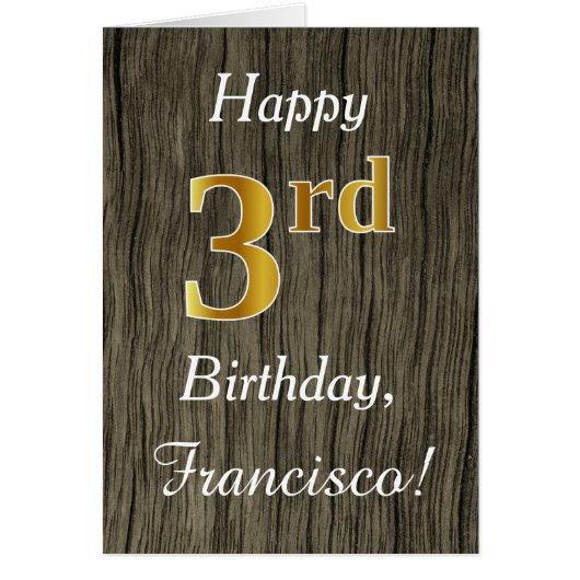 Faux Wood, Faux Gold 3rd Birthday + Eigen naam (Voorkant)