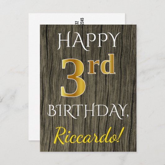 Faux Wood, Faux Gold 3rd Birthday + Eigen naam Briefkaart (Voorkant / Achterkant)