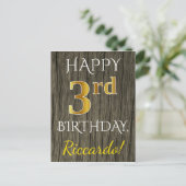 Faux Wood, Faux Gold 3rd Birthday + Eigen naam Briefkaart (Staand voorkant)