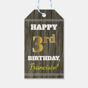 Faux Wood, Faux Gold 3rd Birthday + Eigen naam Cadeaulabel