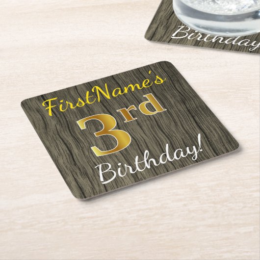 Faux Wood, Faux Gold 3rd Birthday + Eigen naam Kartonnen Onderzetters (Schuin)