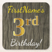 Faux Wood, Faux Gold 3rd Birthday + Eigen naam Kartonnen Onderzetters (Voorkant)