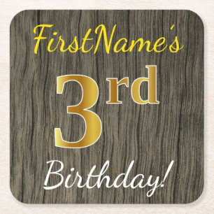 Faux Wood, Faux Gold 3rd Birthday + Eigen naam Kartonnen Onderzetters