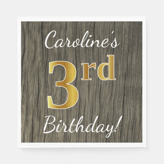 Faux Wood, Faux Gold 3rd Birthday + Eigen naam Servet (Voorkant)