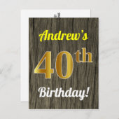 Faux Wood, Faux Gold 40th Birthday & Custom Name Briefkaart (Voorkant / Achterkant)