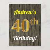 Faux Wood, Faux Gold 40th Birthday & Custom Name Briefkaart (Voorkant)