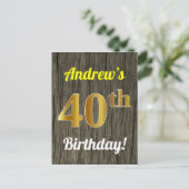 Faux Wood, Faux Gold 40th Birthday & Custom Name Briefkaart (Staand voorkant)
