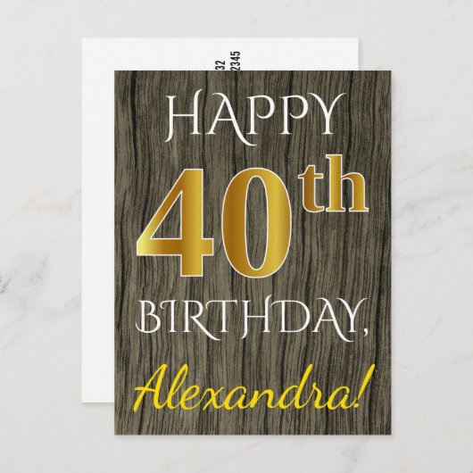 Faux Wood, Faux Gold 40th Birthday + Eigen naam Briefkaart (Voorkant / Achterkant)