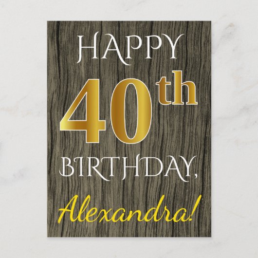 Faux Wood, Faux Gold 40th Birthday + Eigen naam Briefkaart (Voorkant)