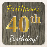 Faux Wood, Faux Gold 40th Birthday   Eigen naam Kartonnen Onderzetters<br><div class="desc">Dit eenvoudige papieren onderzetter ontwerp heeft een boodschap als "FirstName’s 40th Birthday!", met de "40th" met een faux / imitatie goudachtige kleur uiterlijk, op een achtergrond met een rustiek faux hout look patroon. De naam kan worden aangepast. Gepersonaliseerde papieren onderzetters als deze kunnen misschien worden gebruikt op een verjaardagsfeestje voor...</div>