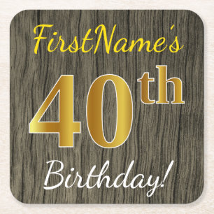 Faux Wood, Faux Gold 40th Birthday + Eigen naam Kartonnen Onderzetters