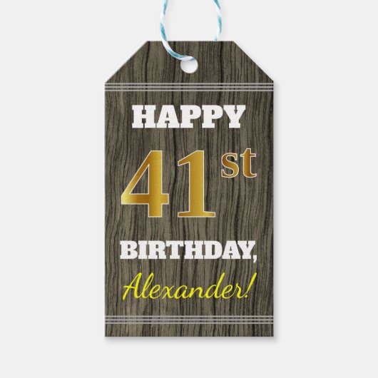 Faux Wood, Faux Gold 41st Birthday + Eigen naam Cadeaulabel (Voorkant)