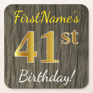 Faux Wood, Faux Gold 41st Birthday + Eigen naam Kartonnen Onderzetters