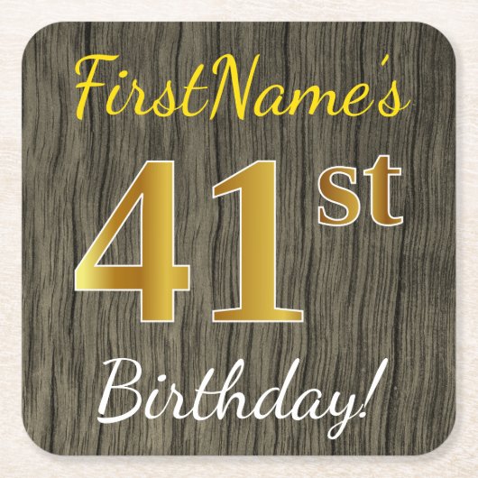 Faux Wood, Faux Gold 41st Birthday + Eigen naam Kartonnen Onderzetters (Voorkant)