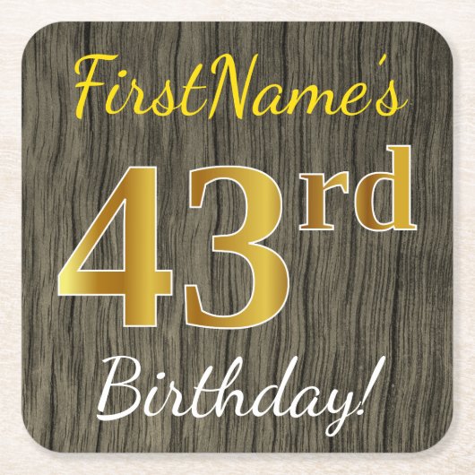 Faux Wood, Faux Gold 43rd Birthday + Eigen naam Kartonnen Onderzetters (Voorkant)