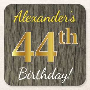 Faux Wood, Faux Gold 44th Birthday + Eigen naam Kartonnen Onderzetters
