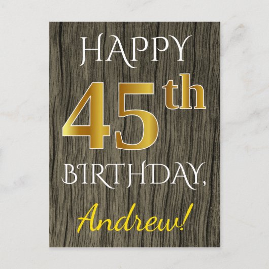 Faux Wood, Faux Gold 45th Birthday + Eigen naam Briefkaart (Voorkant)