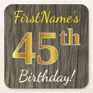 Faux Wood, Faux Gold 45th Birthday + Eigen naam Kartonnen Onderzetters