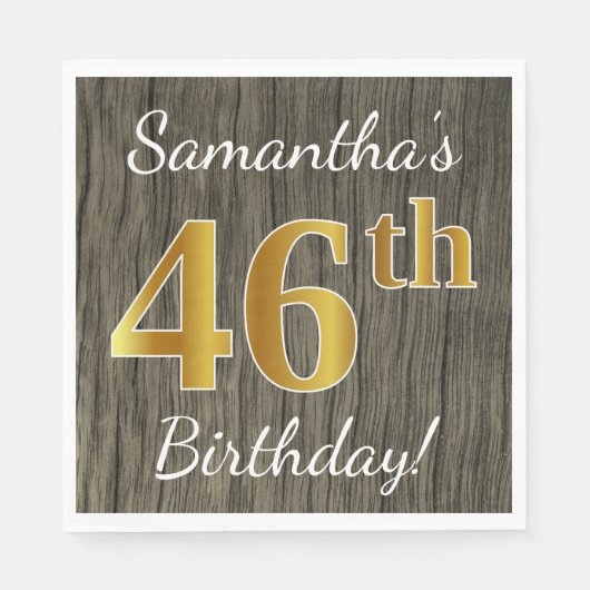 Faux Wood, Faux Gold 46th Birthday + Eigen naam Servet (Voorkant)