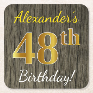 Faux Wood, Faux Gold 48th Birthday + Eigen naam Kartonnen Onderzetters