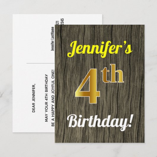 Faux Wood, Faux Gold 4th Birthday & Custom Name Briefkaart (Voorkant / Achterkant)