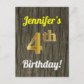 Faux Wood, Faux Gold 4th Birthday & Custom Name Briefkaart (Voorkant)