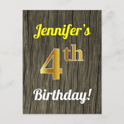 Faux Wood, Faux Gold 4th Birthday & Custom Name Briefkaart (Voorkant)