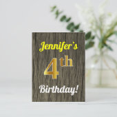 Faux Wood, Faux Gold 4th Birthday & Custom Name Briefkaart (Staand voorkant)