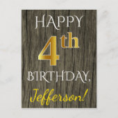 Faux Wood, Faux Gold 4th Birthday + Eigen naam Briefkaart (Voorkant)
