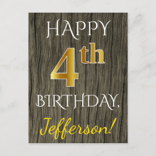 Faux Wood, Faux Gold 4th Birthday + Eigen naam Briefkaart