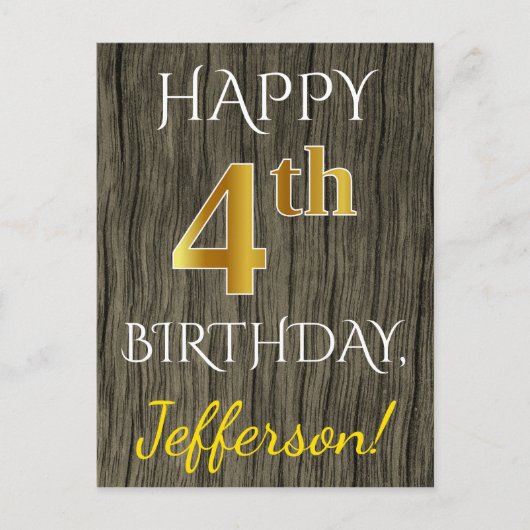 Faux Wood, Faux Gold 4th Birthday + Eigen naam Briefkaart (Voorkant)