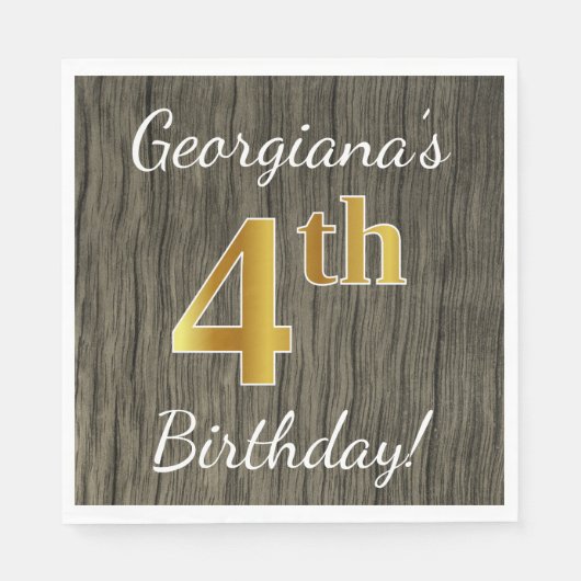 Faux Wood, Faux Gold 4th Birthday + Eigen naam Servetten (Voorkant)