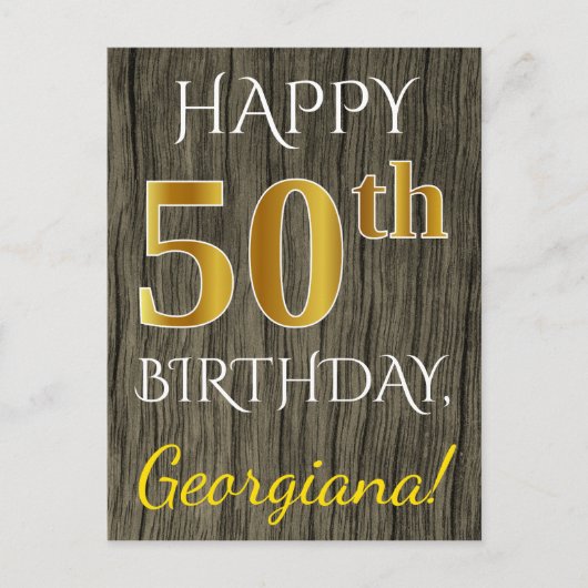 Faux Wood, Faux Gold 50th Birthday + Eigen naam Briefkaart (Voorkant)