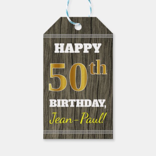 Faux Wood, Faux Gold 50th Birthday + Eigen naam Cadeaulabel (Voorkant)