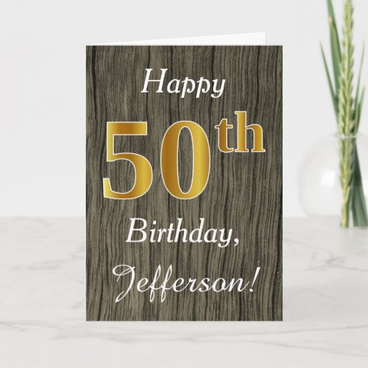 Faux Wood, Faux Gold 50th Birthday + Eigen naam Kaart (Voorkant)
