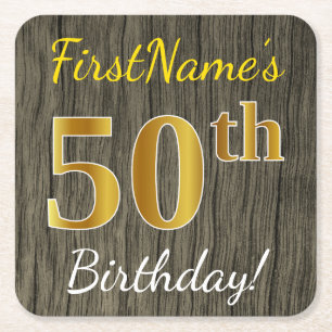 Faux Wood, Faux Gold 50th Birthday + Eigen naam Kartonnen Onderzetters