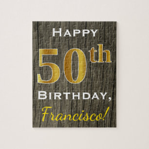 Faux Wood, Faux Gold 50th Birthday + Eigen naam Legpuzzel